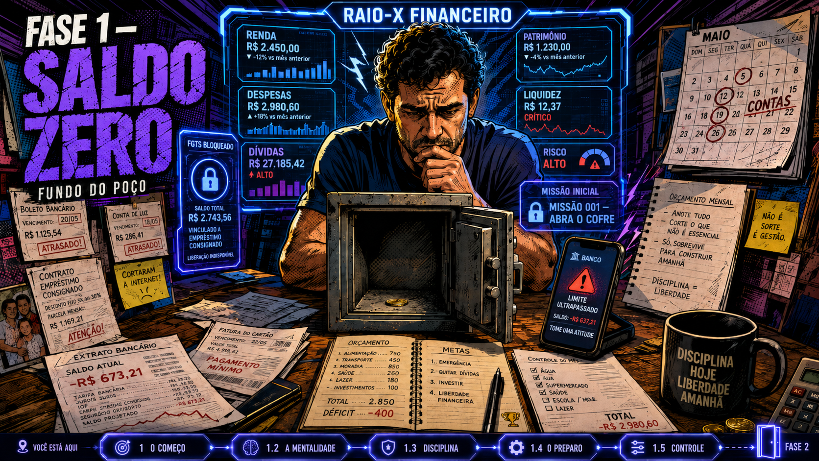 Primeira imagem da Fase 1 Saldo Zero, mostrando o raio-X financeiro do personagem, contas, dívidas e a missão de abrir o cofre