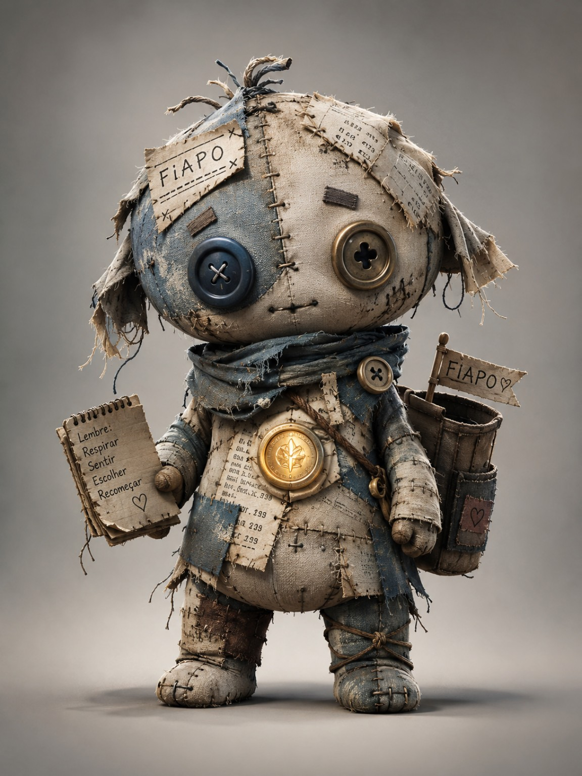 Fiapo, mascote de tecido remendado com olhos de botão, caderno de lembretes e mochila