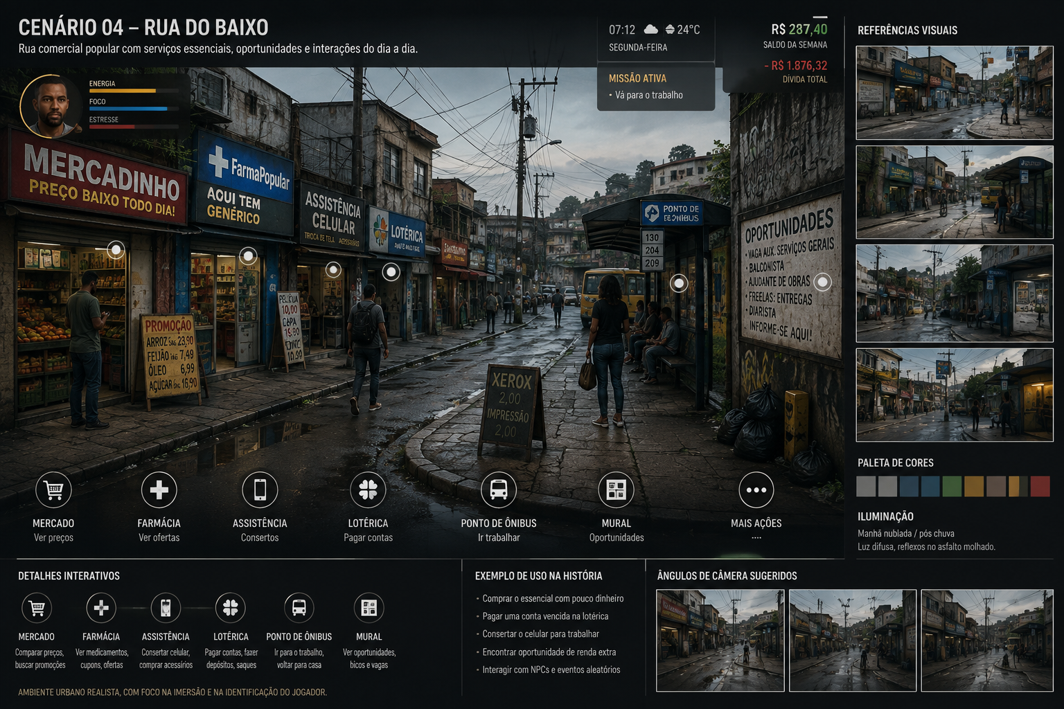 Conceito de interface da Rua do Baixo com mercado, farmácia, assistência, lotérica, ponto de ônibus e mural de oportunidades